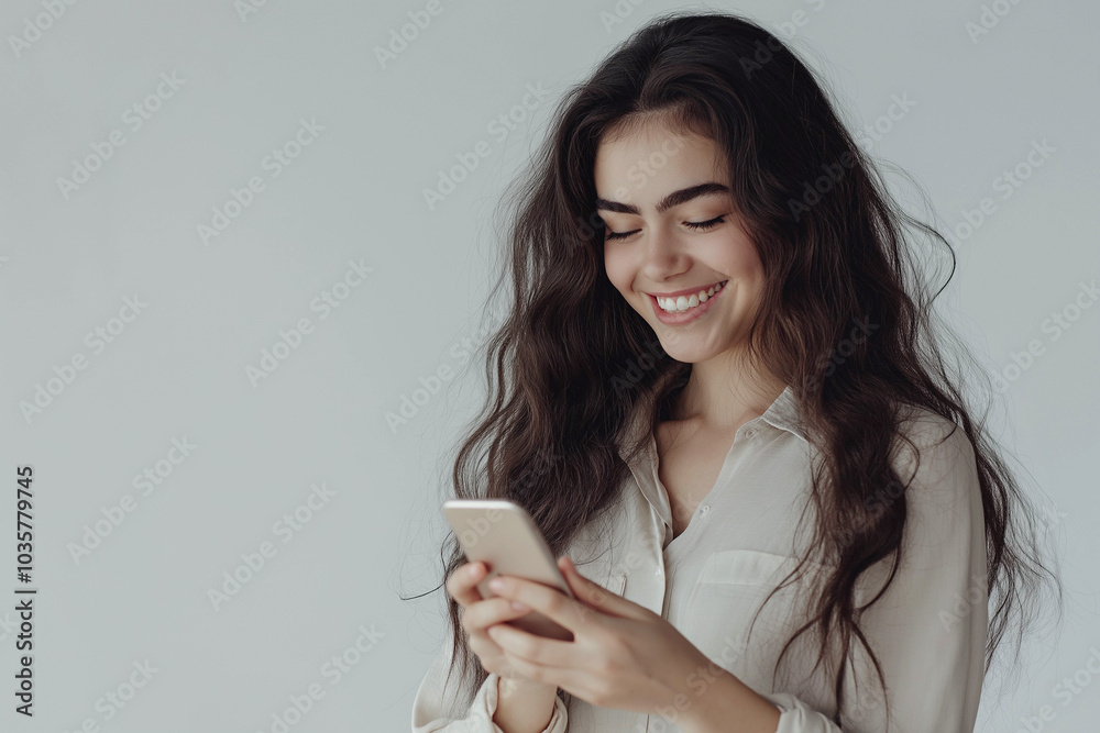 A beautiful young woman of Latin American appearance in a light shirt on a light background. A woman looks at the phone. Advertising banner. A beautiful young woman of Latin American appearance in a light shirt on a light background. A woman looks at the phone. Advertising banner.