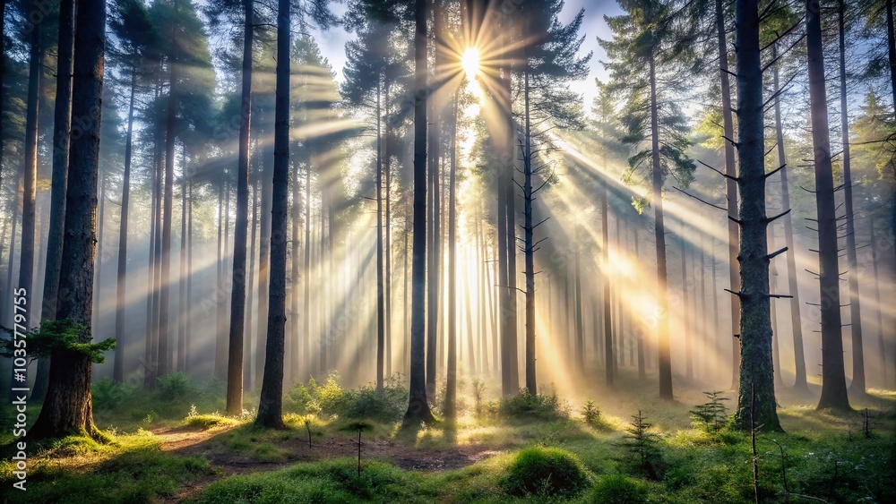 Obraz premium Monochrome Sunbeams in Foggy Forest - Minimalist Photography of Tall Trees and Dense Underbrush