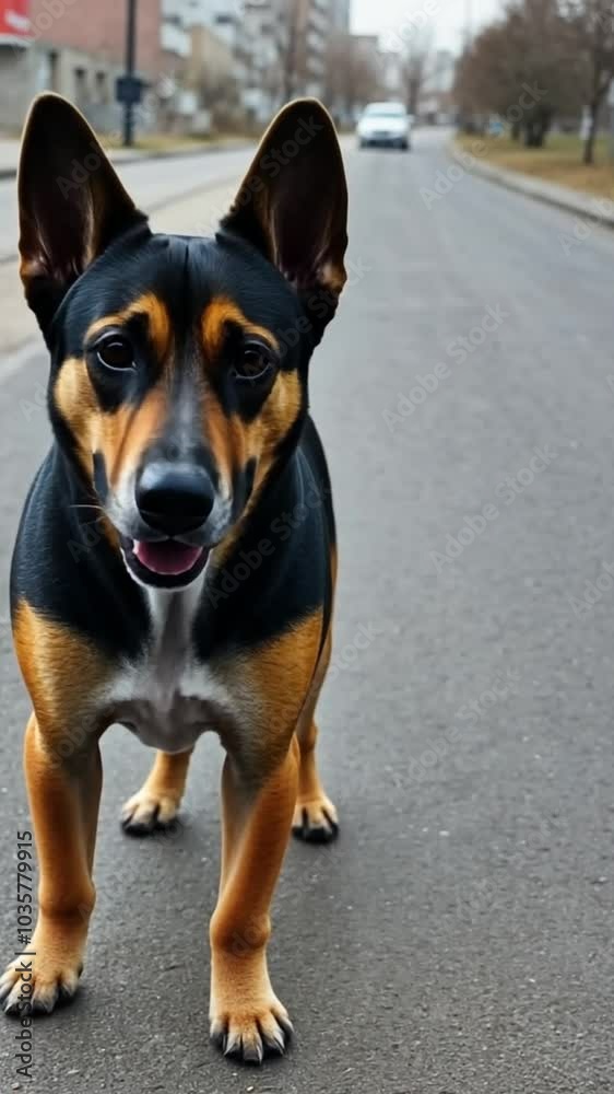 Joyful dog stands on the street smiling at the camera during a sunny afternoon walk Joyful dog stands on the street smiling at the camera during a sunny afternoon walk
