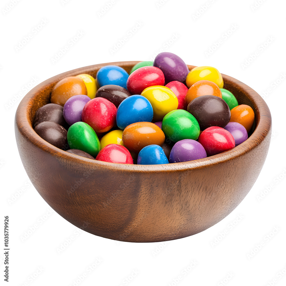 A wooden bowl of colorful candy, on transparent background A wooden bowl of colorful candy, on transparent background