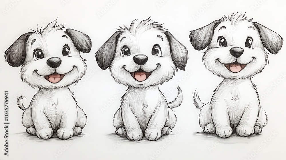 playful dogs depicted in a simple childlike drawing style ink outlines on crisp white background exuding joy and whimsy