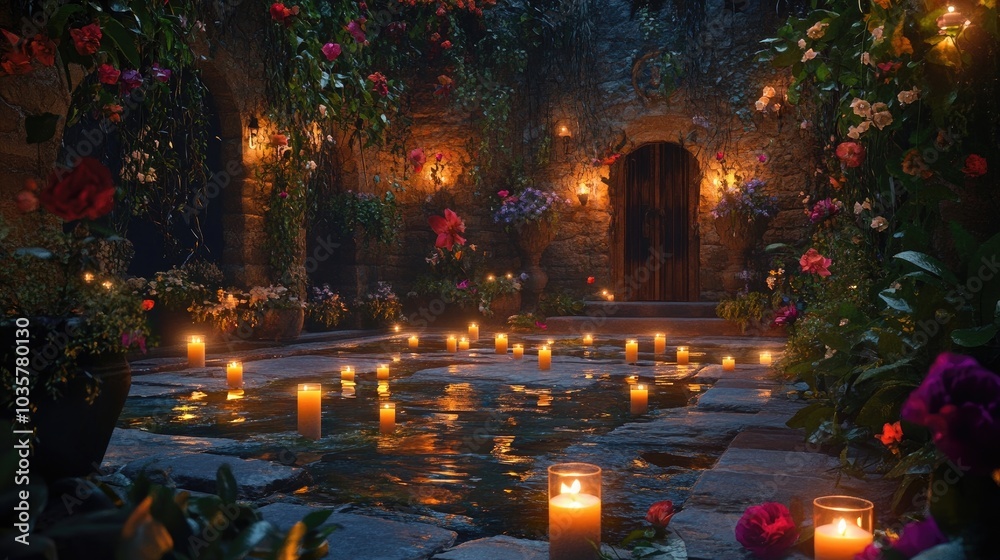 A whimsical scene of a courtyard illuminated by floating candles, surrounded by vibrant flowers and greenery A whimsical scene of a courtyard illuminated by floating candles, surrounded by vibrant flowers and greenery