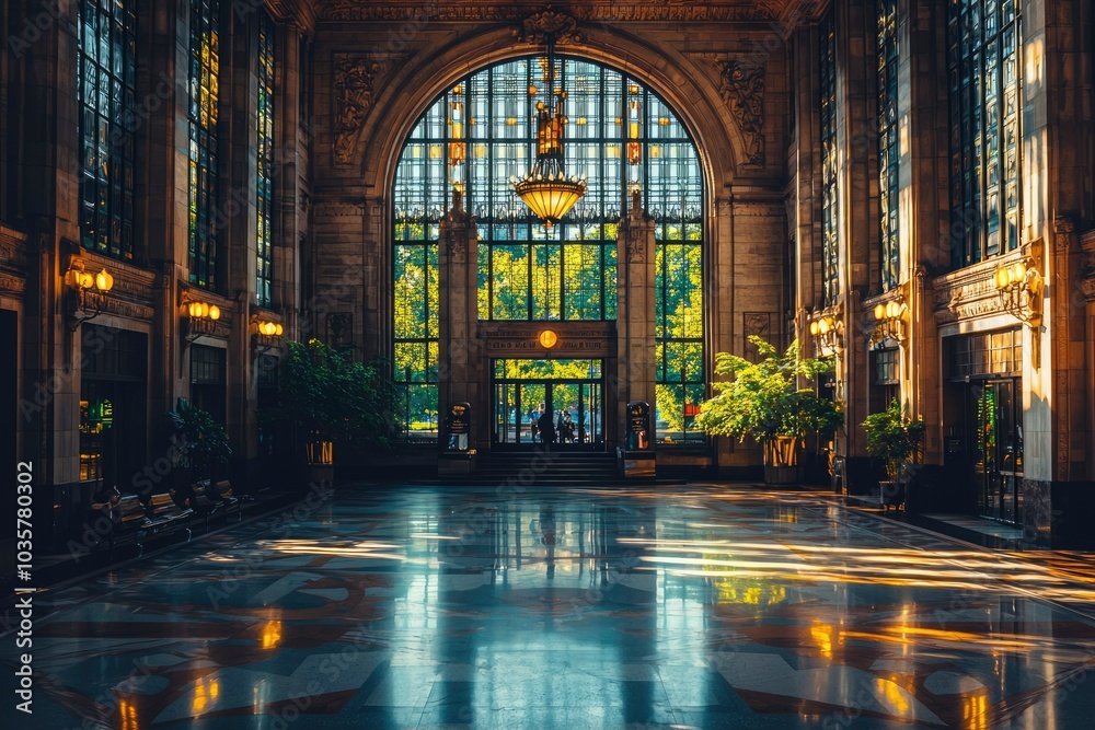 Fototapeta premium Sunlit Interior of a Grand Hall with a Stained-Glass Window