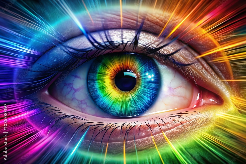 Multicolored Iris Animation with Rainbow Lines and Bright Binary Circle - Long Exposure Effect Multicolored Iris Animation with Rainbow Lines and Bright Binary Circle - Long Exposure Effect