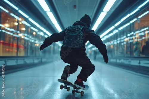 Skateboarder Riding Through a Long, Bright, Empty Hallway