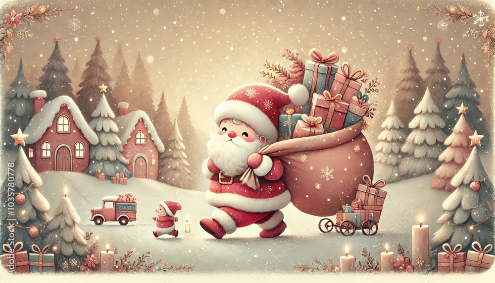Whimsical Santa Claus Walking with a Bag of Presents Through a Cozy Winter Wonderland, Soft Hand-Drawn Style Whimsical Santa Claus Walking with a Bag of Presents Through a Cozy Winter Wonderland, Soft Hand-Drawn Style