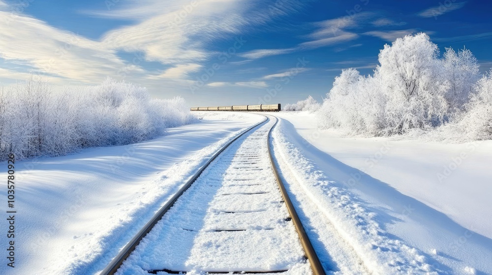 Snow-covered railway tracks stretching through the Siberian wilderness, with a lone train in the distance. Snow-covered railway tracks stretching through the Siberian wilderness, with a lone train in the distance.