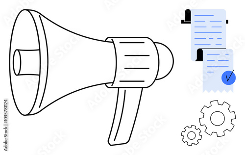 Megaphone, documents with a checkmark, and gears in a minimalistic style. Ideal for business communication, marketing, project management, process optimization, and corporate announcements