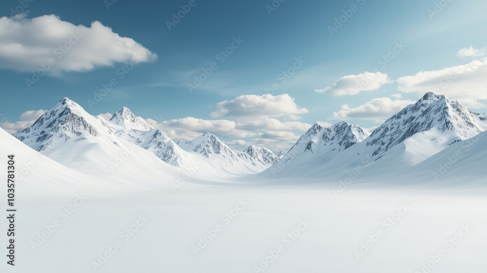 Fototapeta premium A serene winter landscape featuring majestic snow-capped mountains under a clear blue sky with scattered clouds.