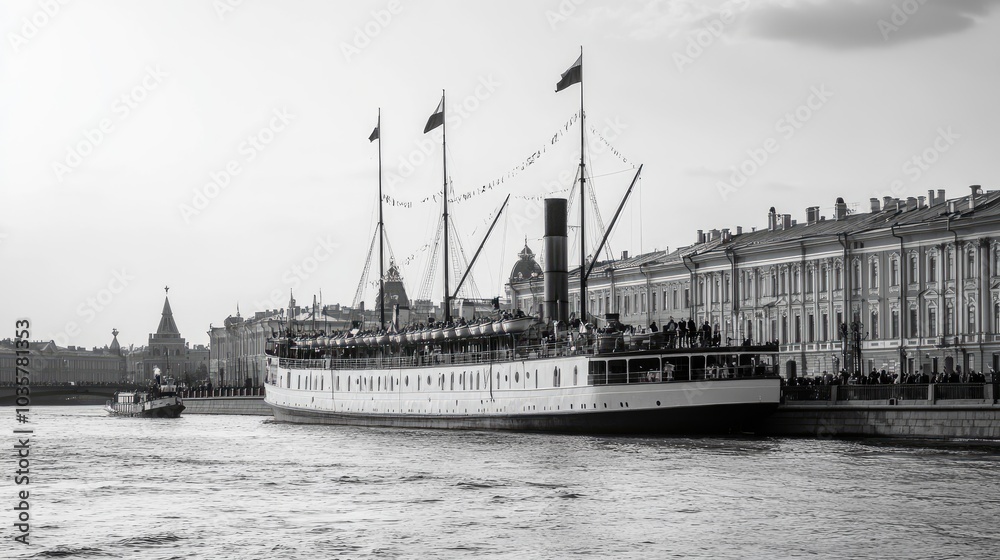 Fototapeta premium The Aurora cruiser in St. Petersburg, a symbol of the Russian Revolution, anchored in the Neva River.