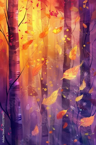 Abstract Autumn Forest with Glowing Golden Leaves and Stylized Tree Trunks - Perfect for Seasonal Designs