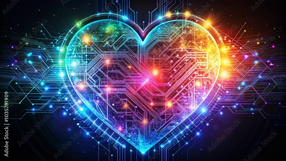 Fototapeta premium Neon Heart of Technology: A Double Exposure of Generative AI and Digital Artistry