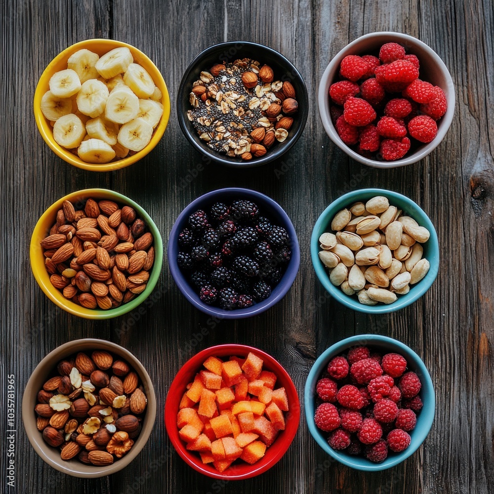 Vibrant display of fresh fruits and nuts in colorful bowls on rustic wooden table Vibrant display of fresh fruits and nuts in colorful bowls on rustic wooden table