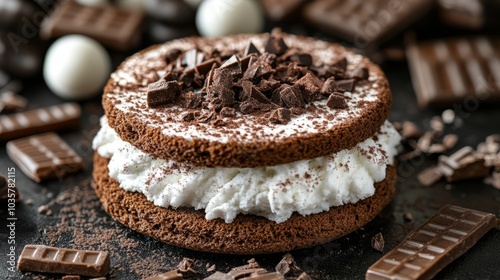 Close-up of a chocolate cake with whipped cream and chocolate shavings.