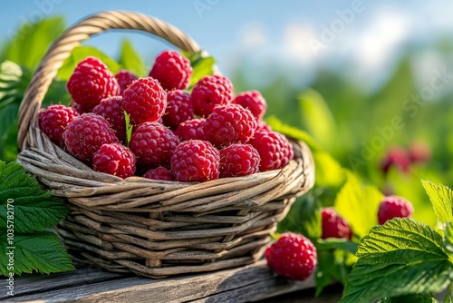 A rustic basket filled with freshly picked Wine Raspberries, sitting on a wooden bench