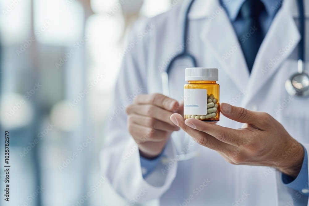 Doctor wearing a white coat and stethoscope, holding up a small bottle of marijuana capsules Doctor wearing a white coat and stethoscope, holding up a small bottle of marijuana capsules