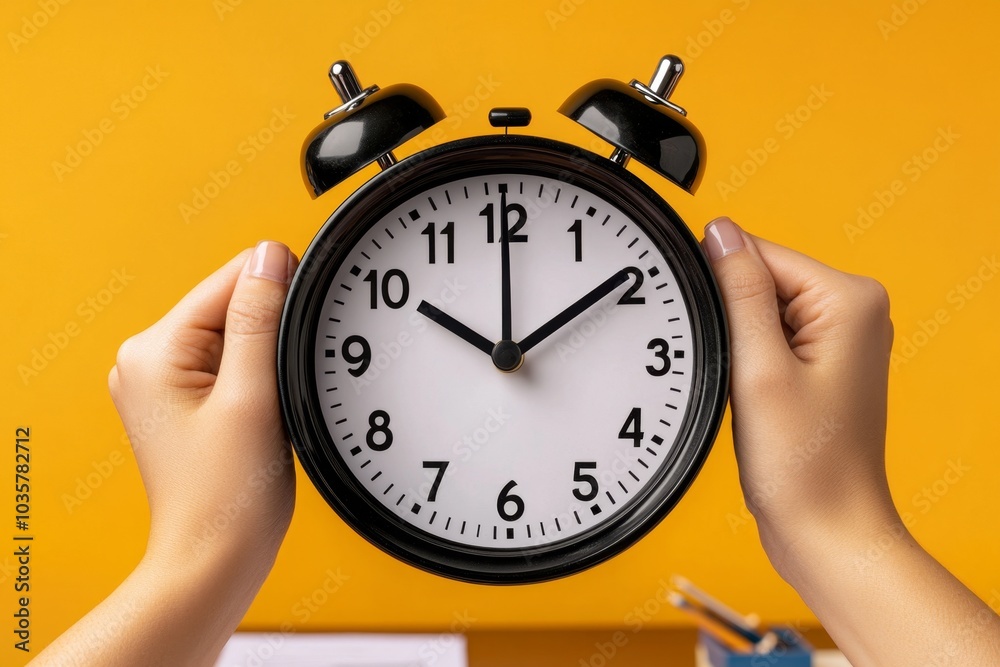A simple clock above a work desk, representing time management A simple clock above a work desk, representing time management