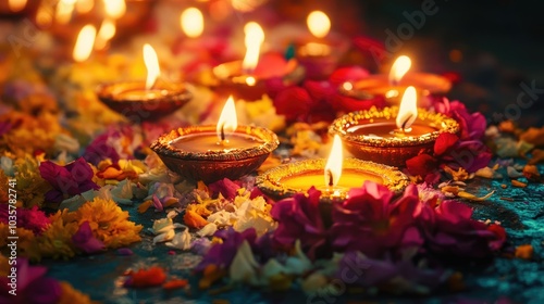 An elegant display of festive colors and textures, showcasing the beauty of Diwali celebrations