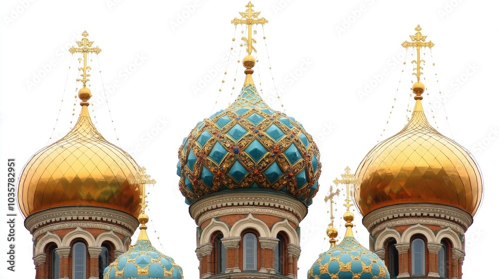 Obraz premium The golden domes of the Church of the Savior on Spilled Blood in St. Petersburg against a bright sky.