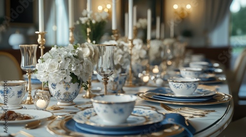 An elegant graduation reception table set with fine china and decorations