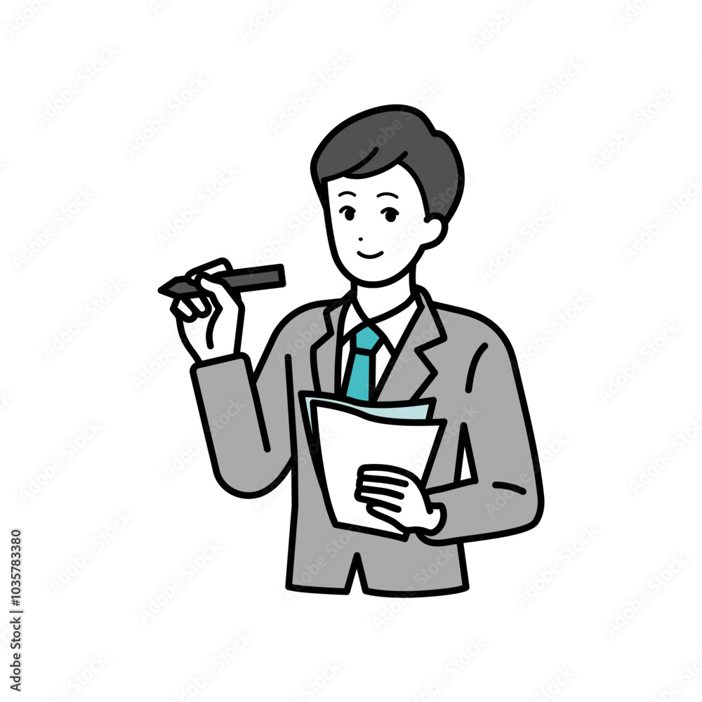 Illustration of a male businessperson holding a pen.
Illustration of a male businessperson holding a pen.