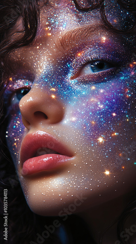 woman cosmic galaxy makeup, stars and moon, Halloween, esotericism astrology tarot divination. Banner copy space photo