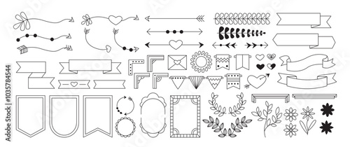 Outline ornaments set. Victorian patterns, frames and dividers. Arrows and envelope, wreath. Minimalist creativity and art. Linear vector collection