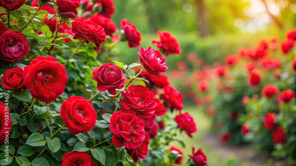 Abundant blooming red rose bush reflected in summer garden pond Abundant blooming red rose bush reflected in summer garden pond