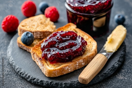 A spread of jam made from Japanese Wineberries, with toast and a butter knife nearby