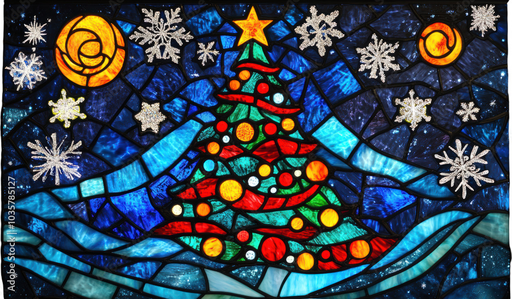 Christmas stained glass with tree, stars, and moon, festive holiday scene with colorful ornaments and snowflakes
Christmas stained glass with tree, stars, and moon, festive holiday scene with colorful ornaments and snowflakes