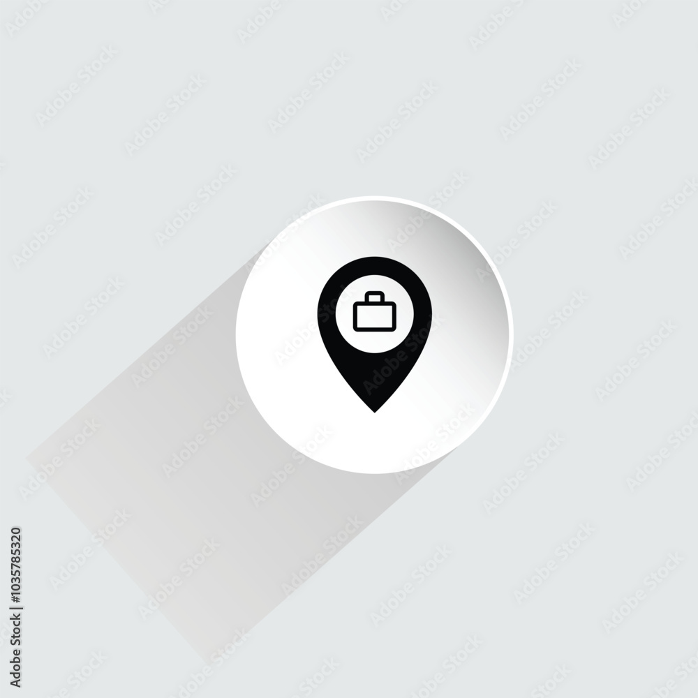 Modern minimalist location pin icon with a briefcase symbol. Black and white design with circular cutout, drop shadow effect, and geometric shapes. Perfect for business concepts and maps. Modern minimalist location pin icon with a briefcase symbol. Black and white design with circular cutout, drop shadow effect, and geometric shapes. Perfect for business concepts and maps.