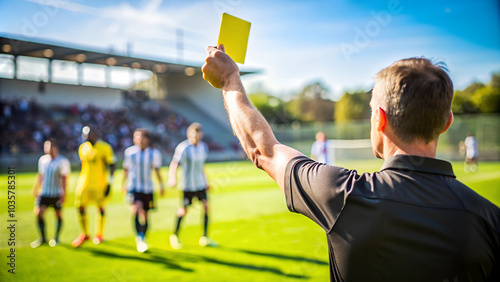 Referee showing yellow card to players during soccer match in stadium