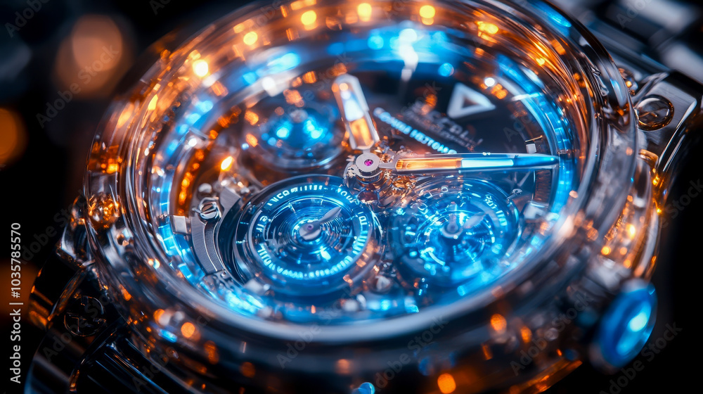 A close-up of a futuristic wristwatch featuring intricate mechanics and illuminated with vibrant blue and orange lights, showcasing modern technology and luxury design A close-up of a futuristic wristwatch featuring intricate mechanics and illuminated with vibrant blue and orange lights, showcasing modern technology and luxury design