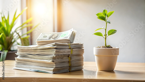 Stack of cash with a small plant in a pot on a wooden table with warm sunlight