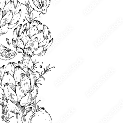 Frame with artichoke, asparagus, lemon, pepper and rosemary hand drawn with ink. Black and white vector illustration with vegetables. Template for label design, vegetarian menu design in a restaurant.