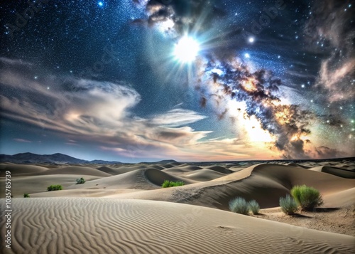 Night Photography of White Clouds Over Serene Sand Dunes in a Starry Sky