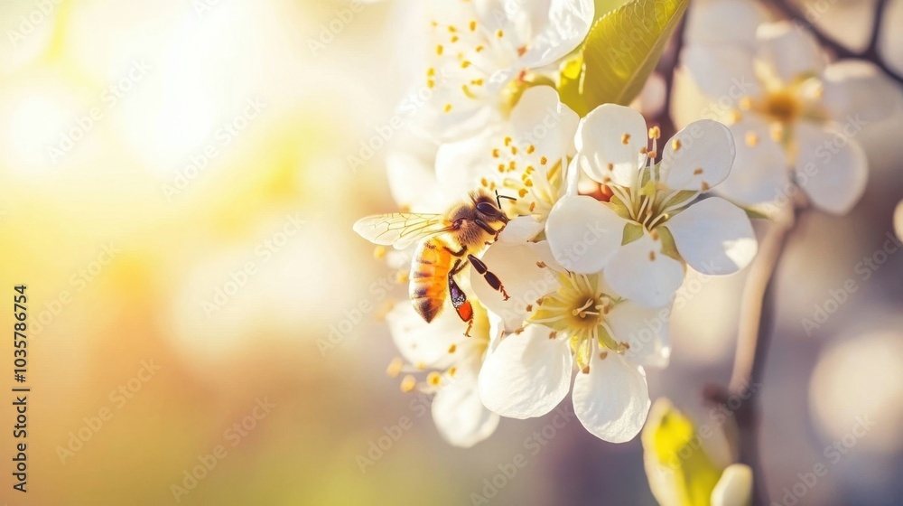 A bee pollinates white flowers on a sunny spring morning, symbolizing nature's renewal and life cycle A bee pollinates white flowers on a sunny spring morning, symbolizing nature's renewal and life cycle