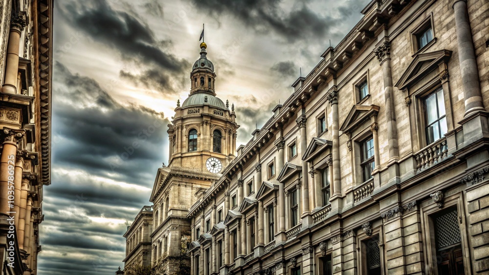 Obraz premium Low angle view of an old, ornate building with a clock tower against a dramatic, cloudy sky.