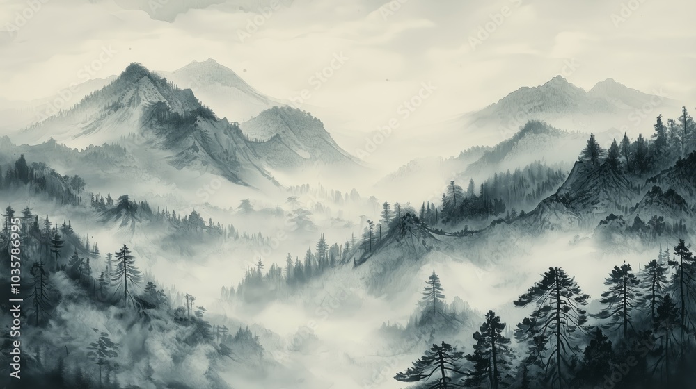 Serene Japanese Mountain Landscape in Ink Painting Serene Japanese Mountain Landscape in Ink Painting