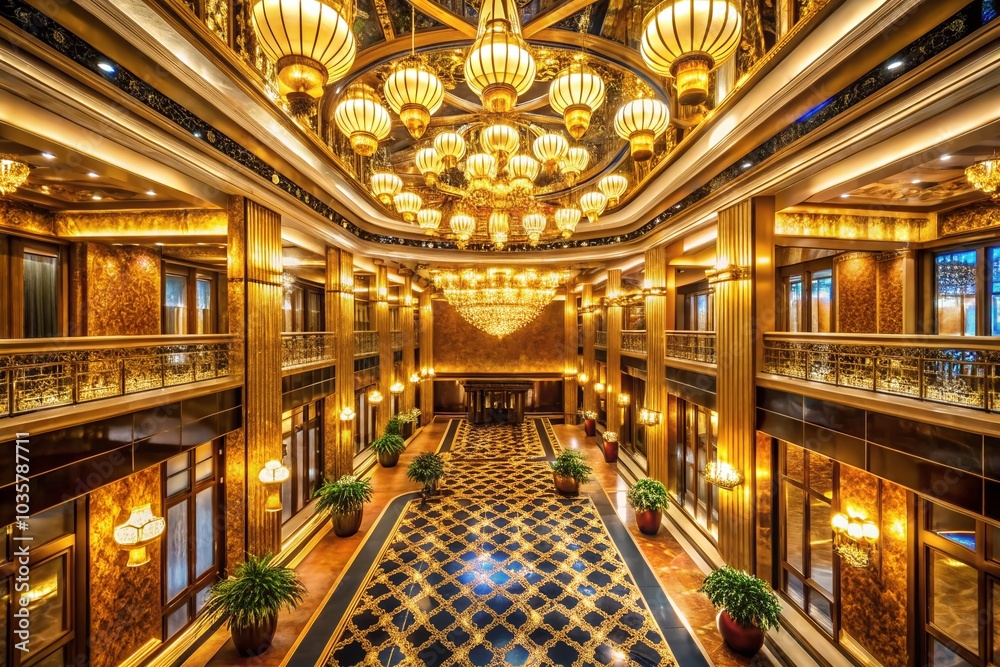 Obraz premium Opulent Casino Elevator Lobby with Golden Lights - Luxury Urban Exploration Photography