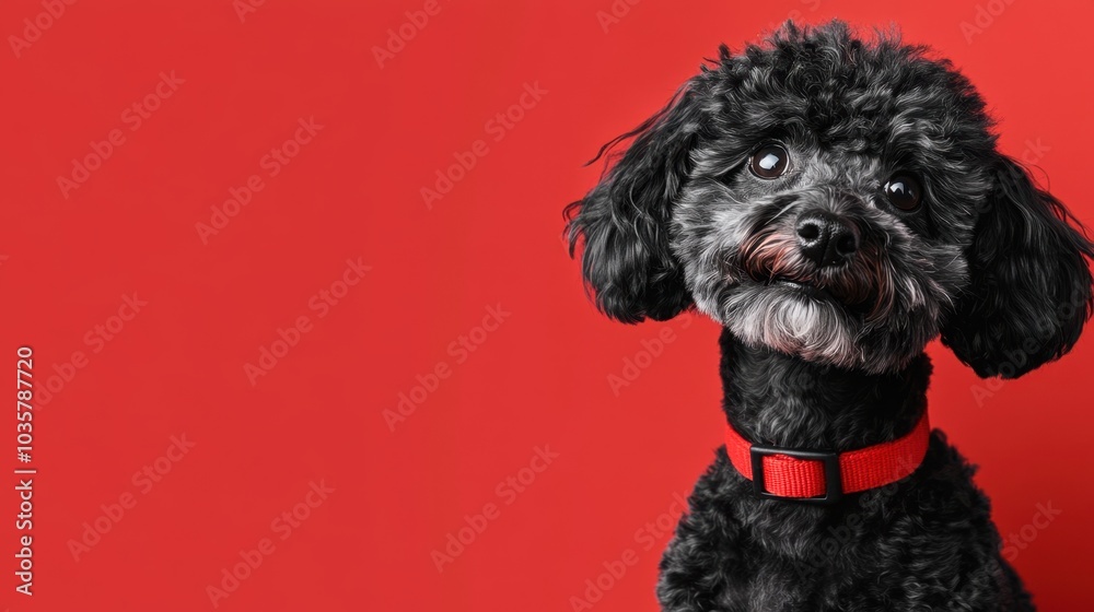 A cute black poodle with a red collar sits against a matching red background, capturing attention with its playful expression A cute black poodle with a red collar sits against a matching red background, capturing attention with its playful expression