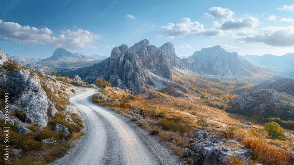 Serene Winding Mountain Road Surrounded by Majestic Peaks and Vibrant Autumn Foliage Serene Winding Mountain Road Surrounded by Majestic Peaks and Vibrant Autumn Foliage