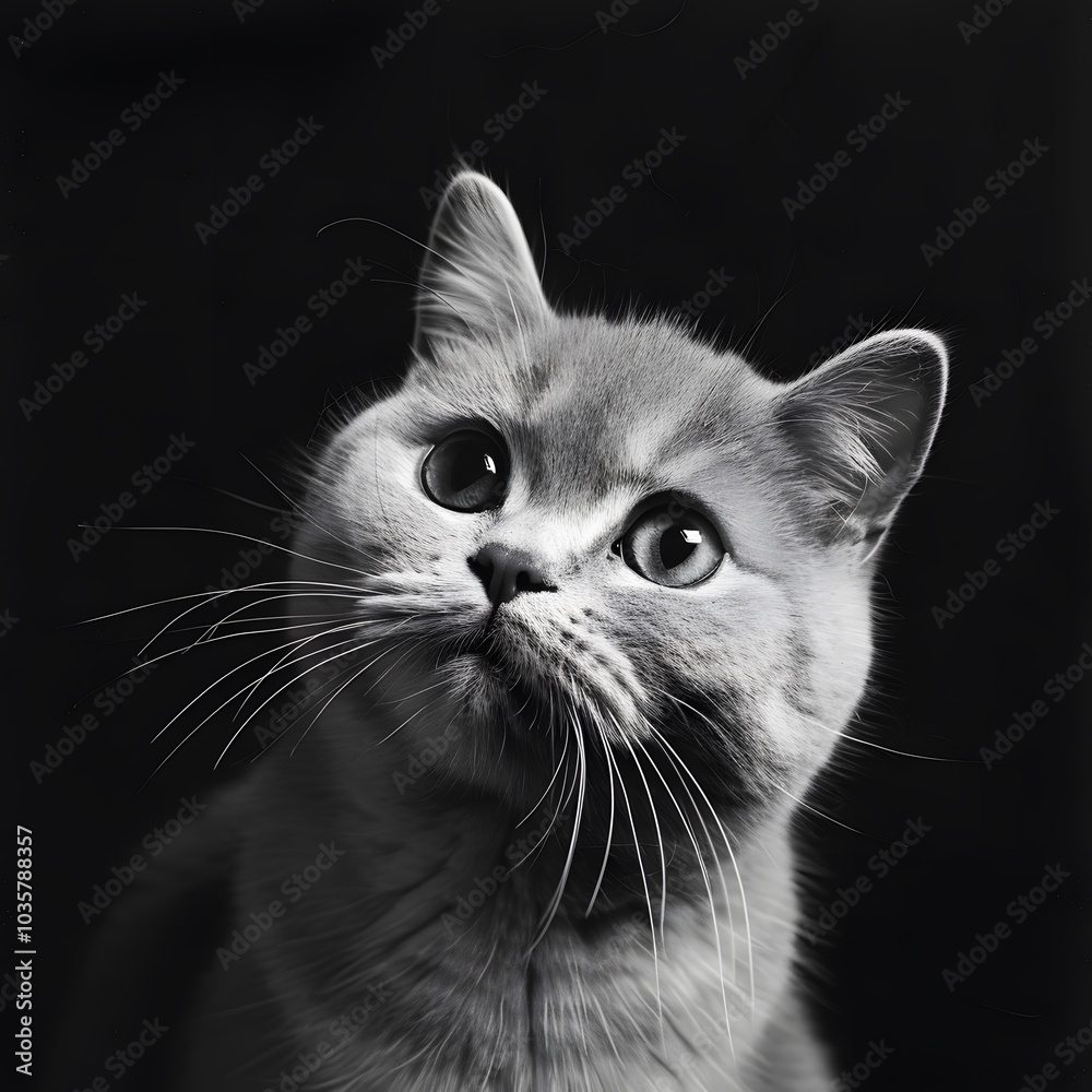 Black and white portrait of curious cat