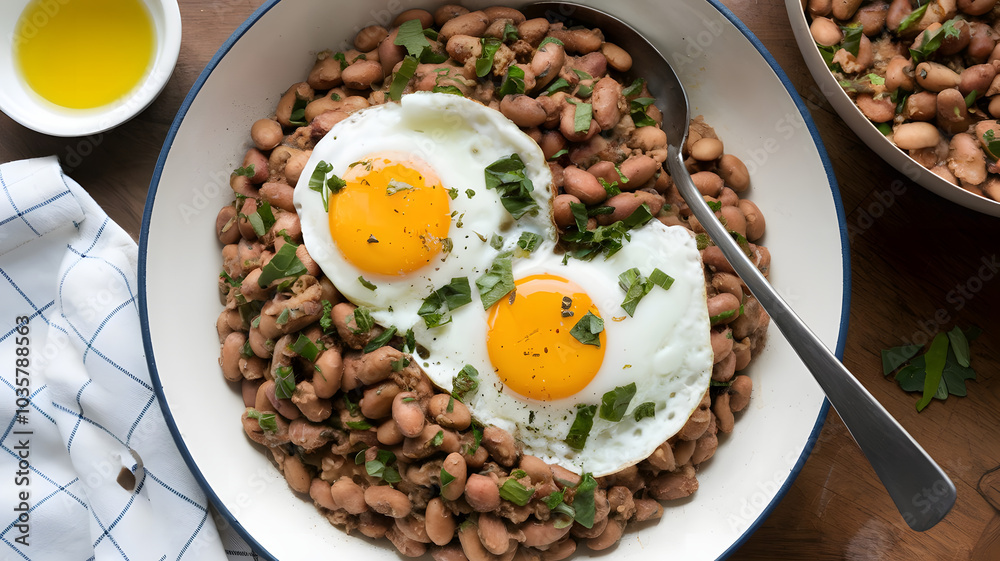 Ful with Eggs: Stewed fava beans topped with sunny-side-up eggs, slightly runny and blending with the beans. Drizzled with olive oil and garnished with chopped herbs for added flavor.
Ful with Eggs: Stewed fava beans topped with sunny-side-up eggs, slightly runny and blending with the beans. Drizzled with olive oil and garnished with chopped herbs for added flavor.
