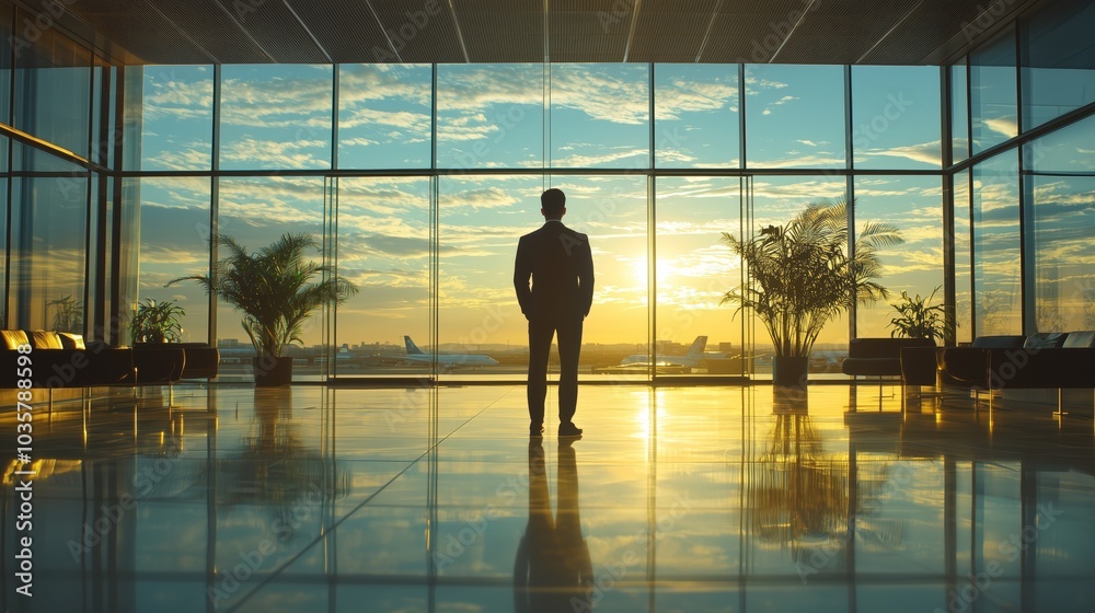 Businessman Gazing Out in Modern Office Space at Sunset Businessman Gazing Out in Modern Office Space at Sunset