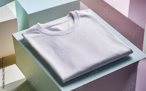White T shirt mockup cotton apparel, isolated with green leaves flower on background. Design plain Tshirt template, T-shirt business print presentation mock up Top view flat tee lay