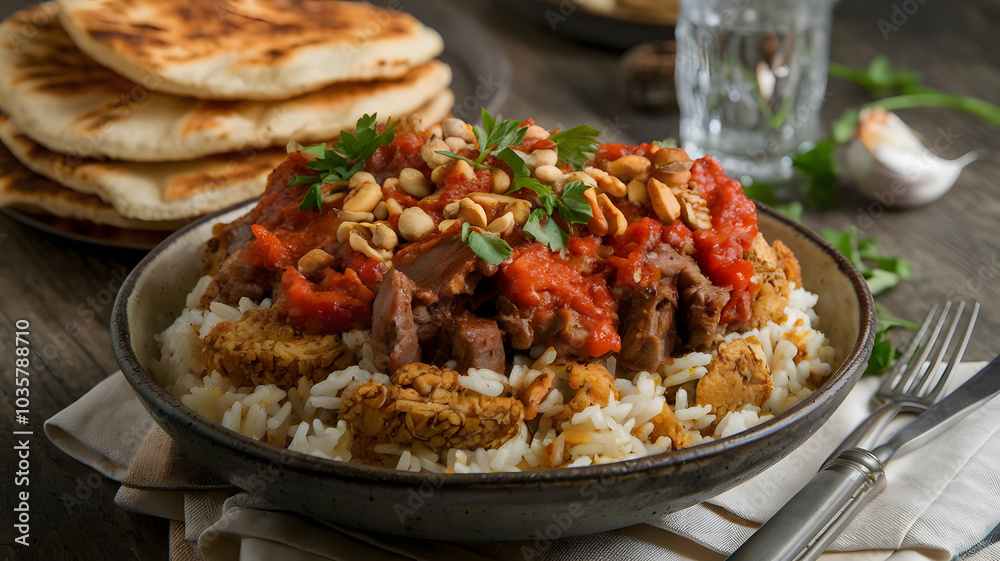 Egyptian Fatteh: Layers of crispy pita, rice, and tender meat topped with garlic-vinegar tomato sauce. Garnished with toasted nuts and fresh parsley for added texture and flavor contrast.
Egyptian Fatteh: Layers of crispy pita, rice, and tender meat topped with garlic-vinegar tomato sauce. Garnished with toasted nuts and fresh parsley for added texture and flavor contrast.