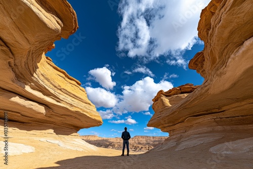 A wanderer standing in an open desert canyon, taking in the enormity of the landscape