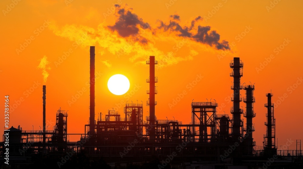 A factory complex silhouetted against a vivid sunset, its smokestacks and machinery bathed in golden light A factory complex silhouetted against a vivid sunset, its smokestacks and machinery bathed in golden light