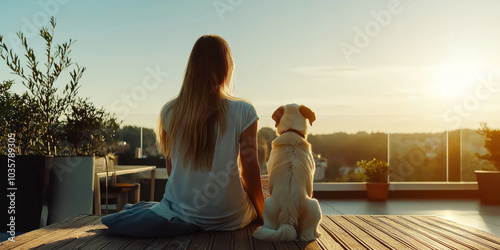 Woman and dog enjoying serene sunset on rooftop terrace
